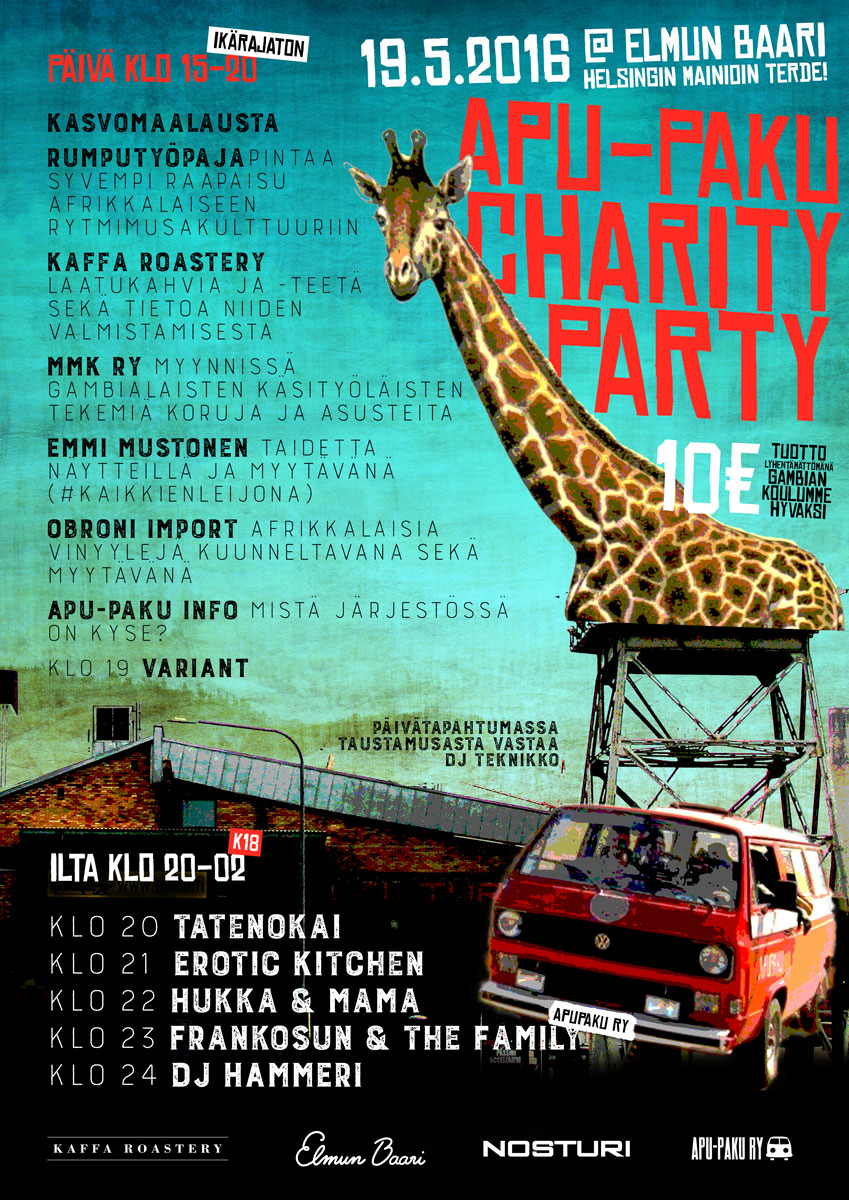 Apu-Paku Charity Party 19.5. Elmun baarissa Juliste: Graafinen suunnittelu Teemu Hakala